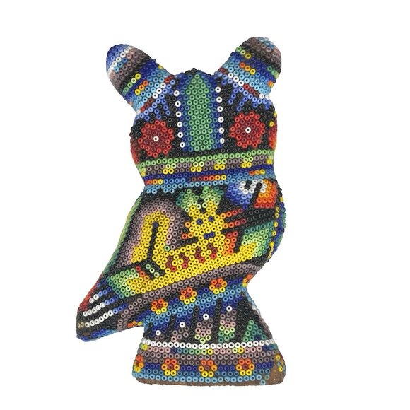 Handmade Other - Mexican Huichol Beaded Owl Figurine Handmade Folk Art Wixárika Bead Sculpture 6"
